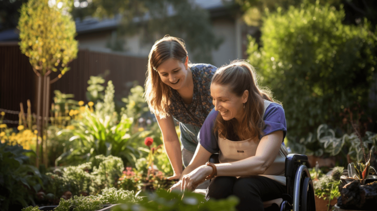 An NDIS worker helping a disabled women with Therapeutic Gardening