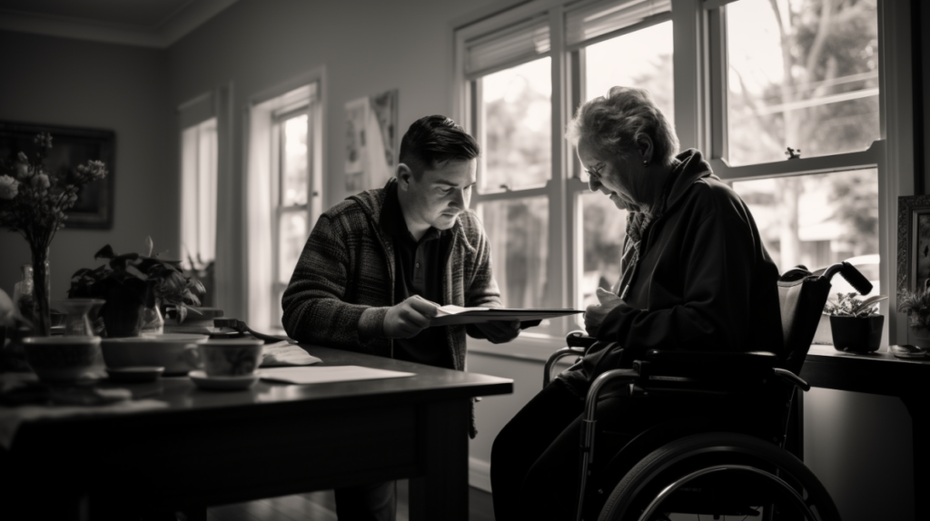 a man working as an NDIS support coordinator in melbourne helping an elderly woman